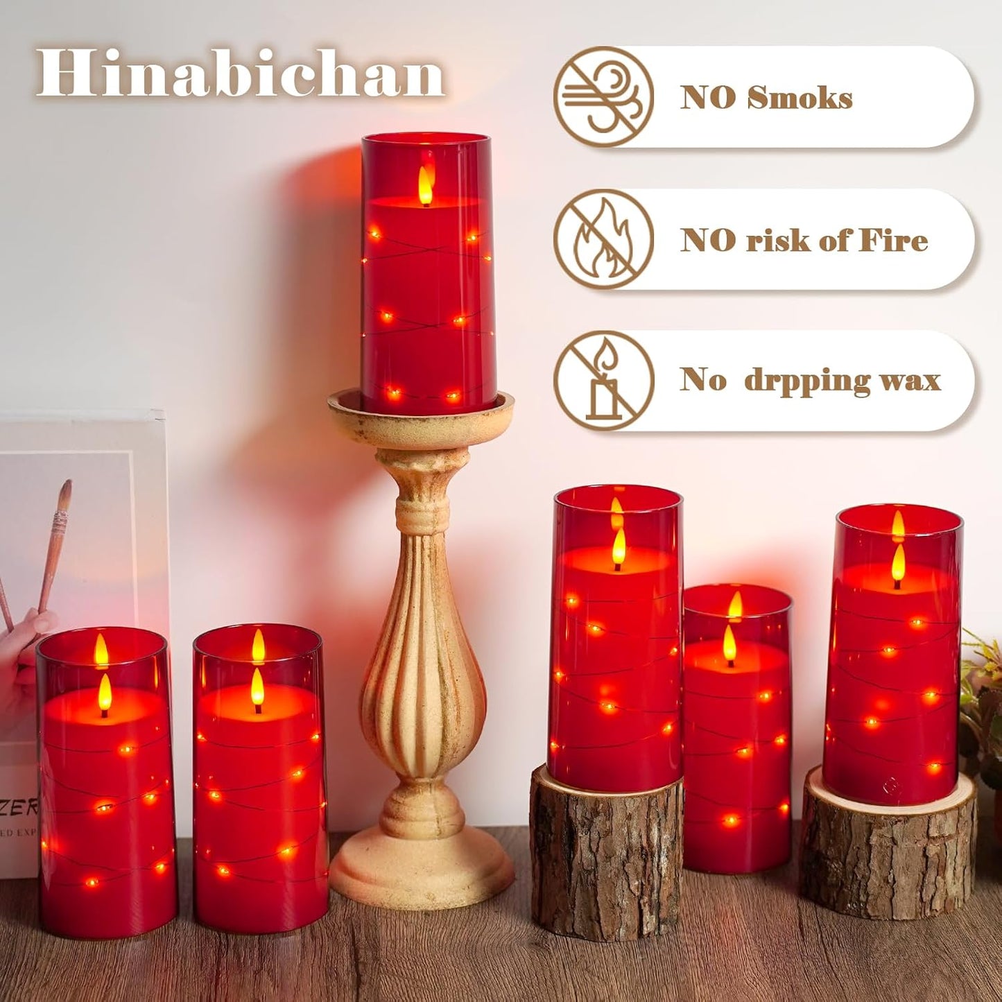 Flickering Flameless Candles with Remote Timer, 6pcs LED Battery Operated Candles with Embedded String Lights Red, Same Size D3 H6