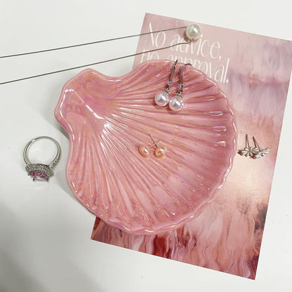 Shell Shape Ring Holder Dish, Seashell Jewelry Dish Tray, Ceramic Trinket Tray for Rings Earrings Necklaces Bracelet, Birthday Christmas Gift for Mom Friend Sister, 3.9", Pink Iridescent Surface