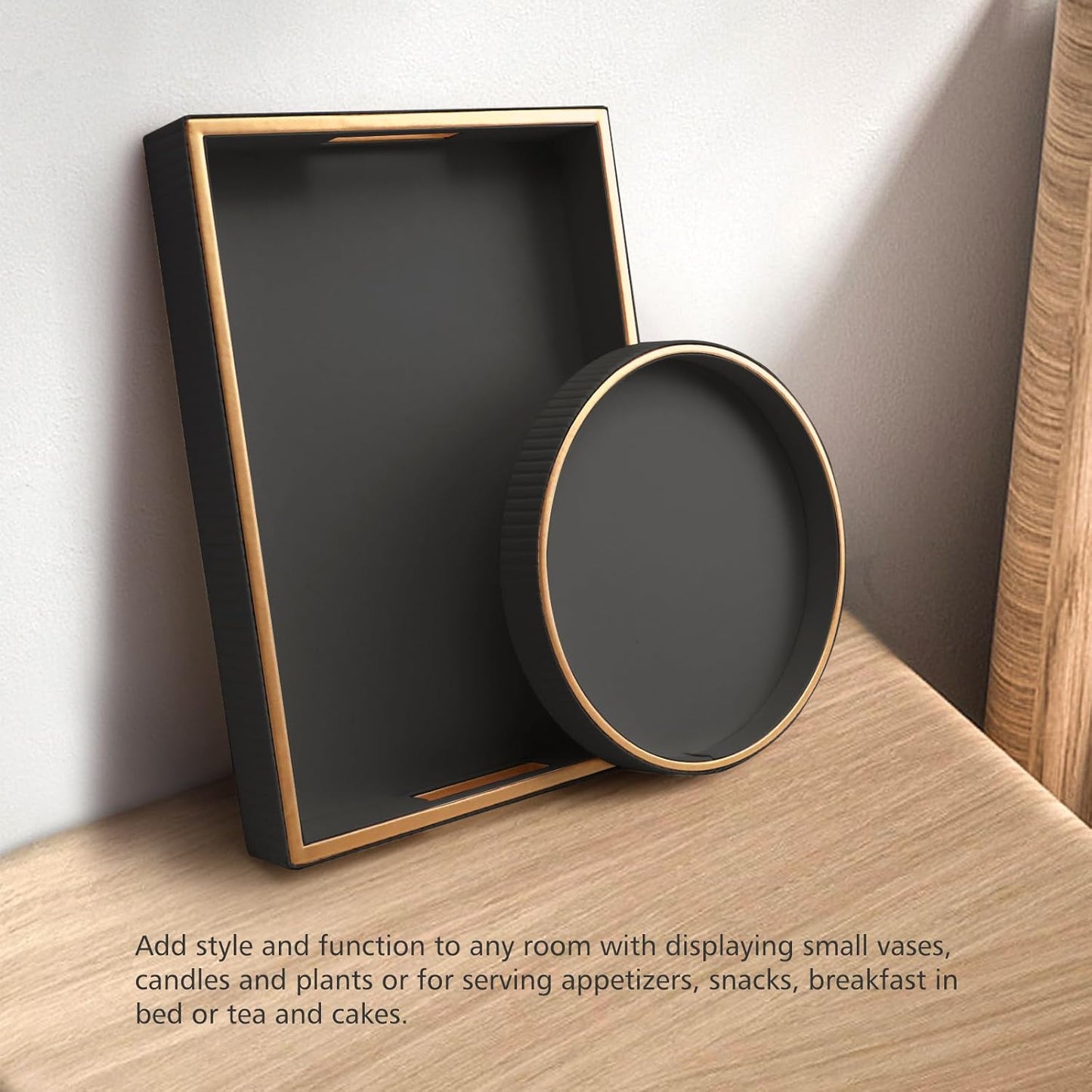 SANZIE Leather Tray Desktop Storage Organizer Premium Serving Tray Decorative Tray Valet Tray for Sundries Cosmetics Phone Wallet Cutlery, Combination, Black