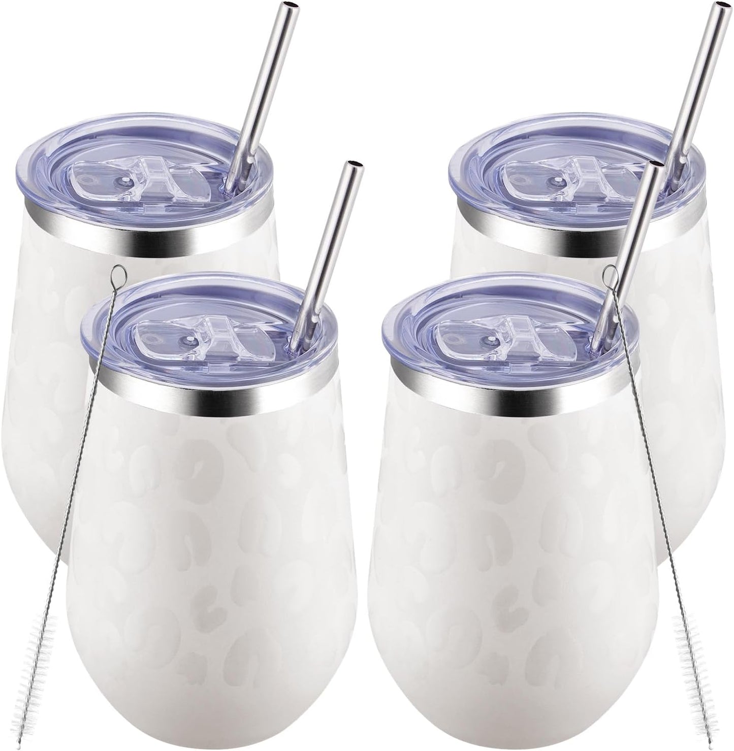 MEWAY 12oz Insulated Wine Tumbler Bulk, Double Wall Vacuum Stainless Steel Travel Tumbler with Straw,Travel wine tumbler, 4 pack of wine tumbler glasses(Almond Leopard,Set of 4)