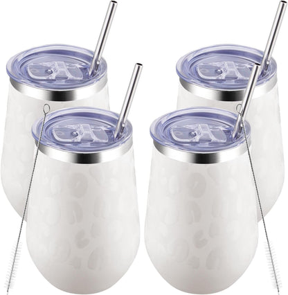 MEWAY 12oz Insulated Wine Tumbler Bulk, Double Wall Vacuum Stainless Steel Travel Tumbler with Straw,Travel wine tumbler, 4 pack of wine tumbler glasses(Almond Leopard,Set of 4)