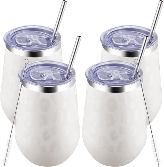 MEWAY 12oz Insulated Wine Tumbler Bulk, Double Wall Vacuum Stainless Steel Travel Tumbler with Straw,Travel wine tumbler, 4 pack of wine tumbler glasses(Almond Leopard,Set of 4)