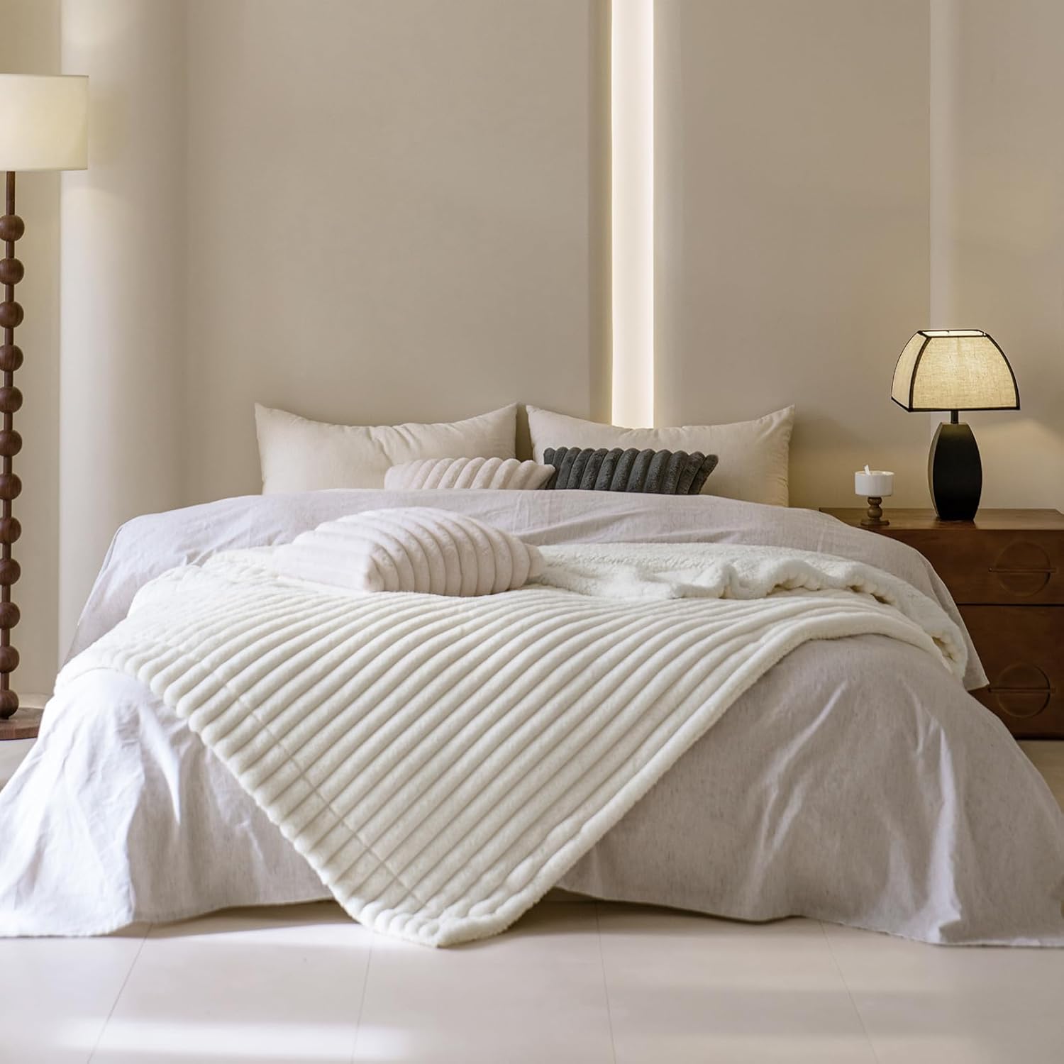 MOSAYT Super Soft Faux Rabbit Fur Blanket, Elegant Ruched Design, White, 60x80 Inch - Perfect for Couch, Sofa, or Bed