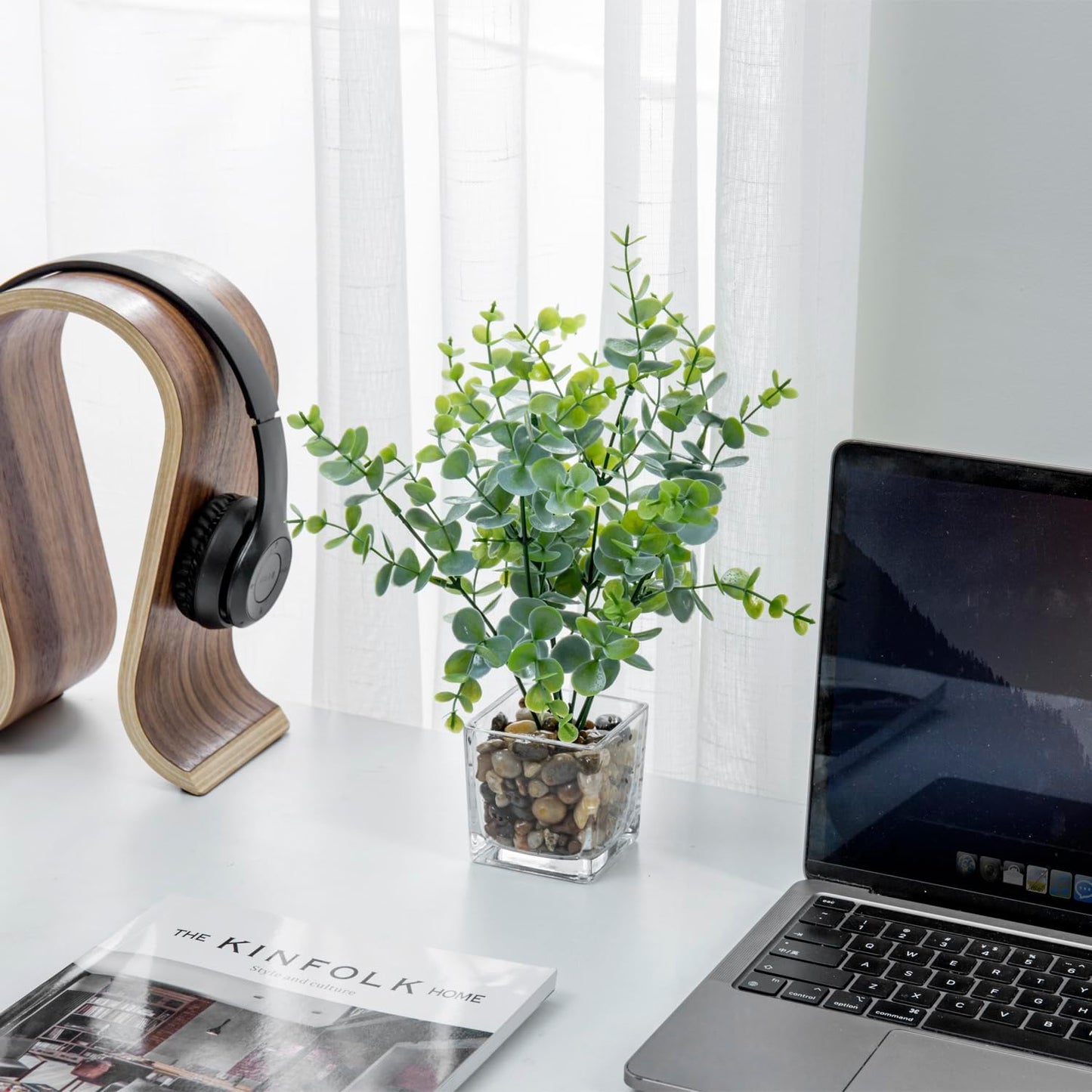 MyGift Artificial Rosemary Eucalyptus and Boxwood Plants Potted in Clear Glass Square Pots, Assorted Faux Greenery Indoor Home Table Centerpiece Office Desk Decor, 3 Piece Set