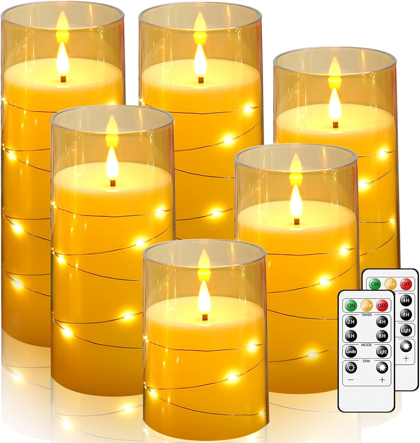 Lezonic 6Pcs Flameless LED Candles with Remote Timer, Acrylic Battery Operated Candles Flickering with Embedded String Lights, for Wedding Centerpiece, 3 x 456688 inches(Gold)