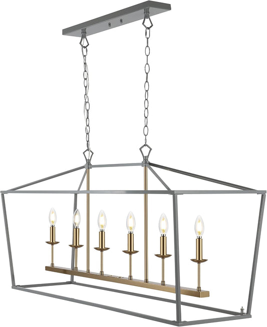 JONATHAN Y JYL7439F Pagoda 49" 6 Light Linear Classic Traditional Metal LED Pendant Farmhouse Dining Room Living Room Kitchen Foyer Bedroom Hallway, 49 in, Gray/Brass Gold