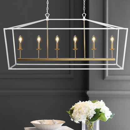 JONATHAN Y JYL7439E Pagoda 49" 6 Light Linear Classic Traditional Metal LED Pendant Farmhouse Dining Room Living Room Kitchen Foyer Bedroom Hallway, 49 in, White/Brass Gold