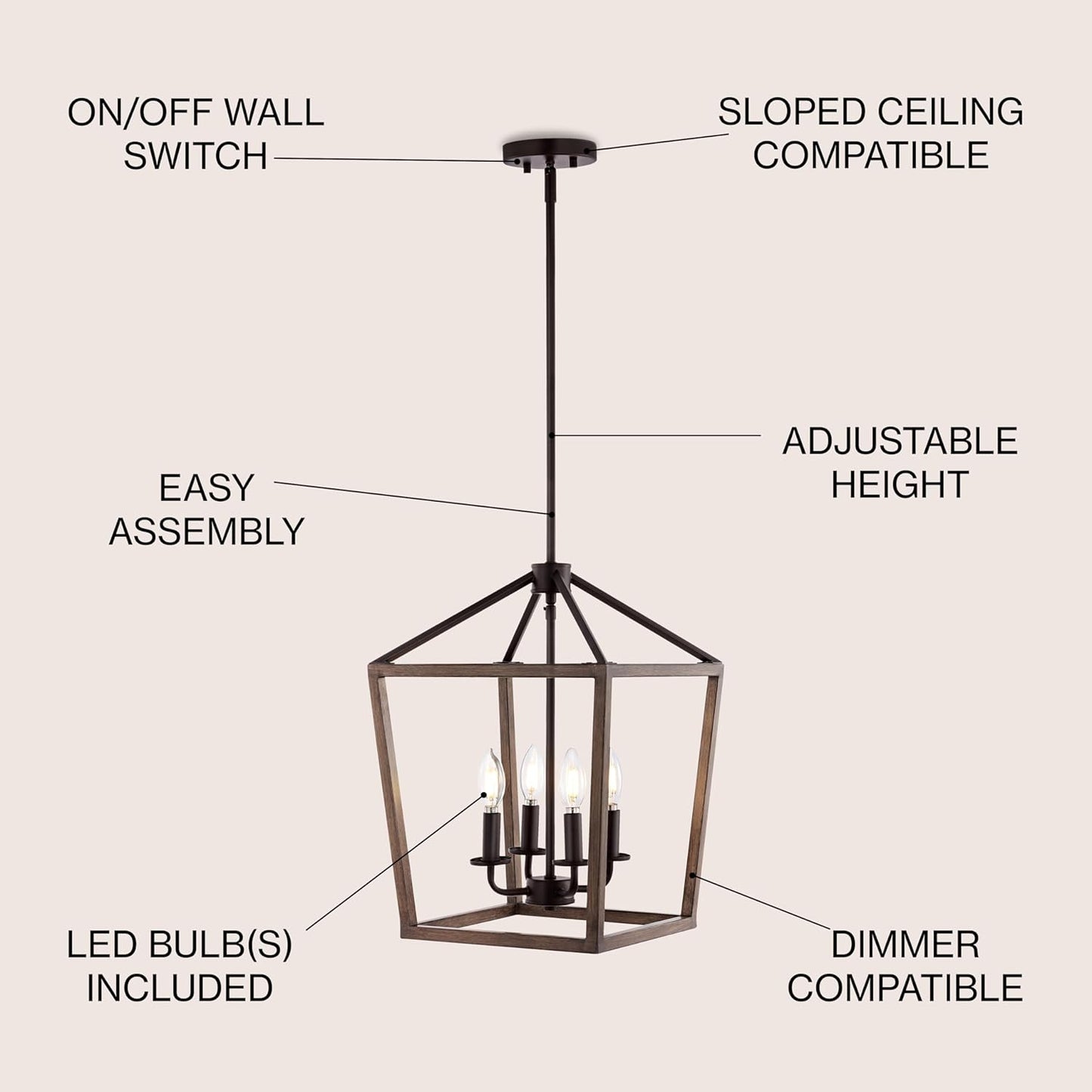 JONATHAN Y JYL1322A Pagoda 13" 4-Light Iron Farmhouse Industrial Lantern LED Pendant, Rustic, Bohemian, Coastal, for Dining Room, Kitchen, Living Room, Oil Rubbed Bronze/Faux Wood