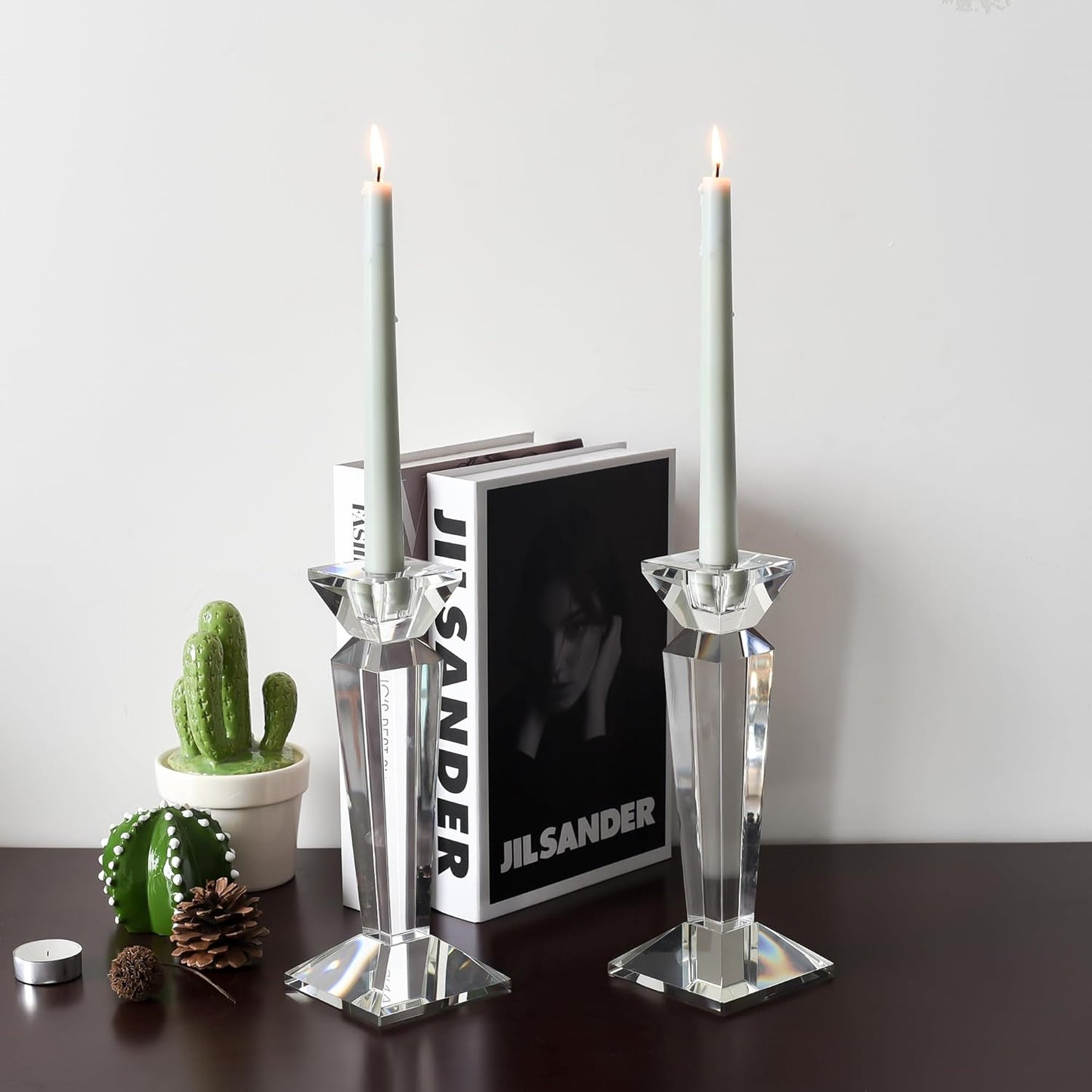 Kitcom Crystal Candle Stick Holders for Home Decor 2-Pack, Clear Crystal Taper Candles Holder Table Centerpieces for Party and Wedding Decoration(9inch Tall)