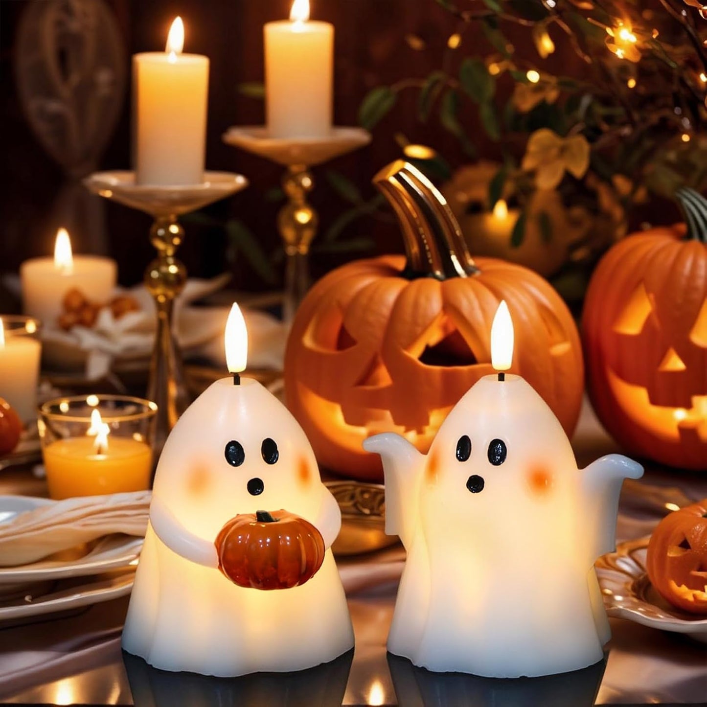 DRomance Halloween Ghost Flameless Candles with Timer Real Wax Battery Operated White LED Flickering Pillar Candles Hand Painted Looking Dinner Spooky Halloween Decor(2 Pack, 3.5" D x 5" H)