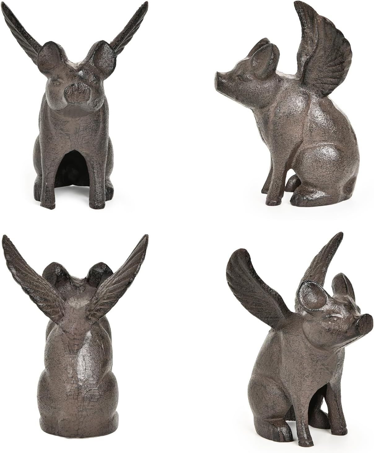 Sungmor Cast Iron Flying Pig Statue, Whimsical Sitting Pig Garden Decorative Statue, Rustic Black Brown Home Office Desk Paperweight Doorstop, Cute Collectible Figurine Bookshelf Ornament