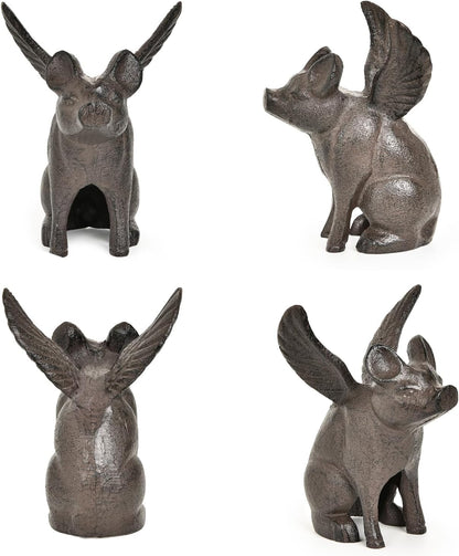 Sungmor Cast Iron Flying Pig Statue, Whimsical Sitting Pig Garden Decorative Statue, Rustic Black Brown Home Office Desk Paperweight Doorstop, Cute Collectible Figurine Bookshelf Ornament