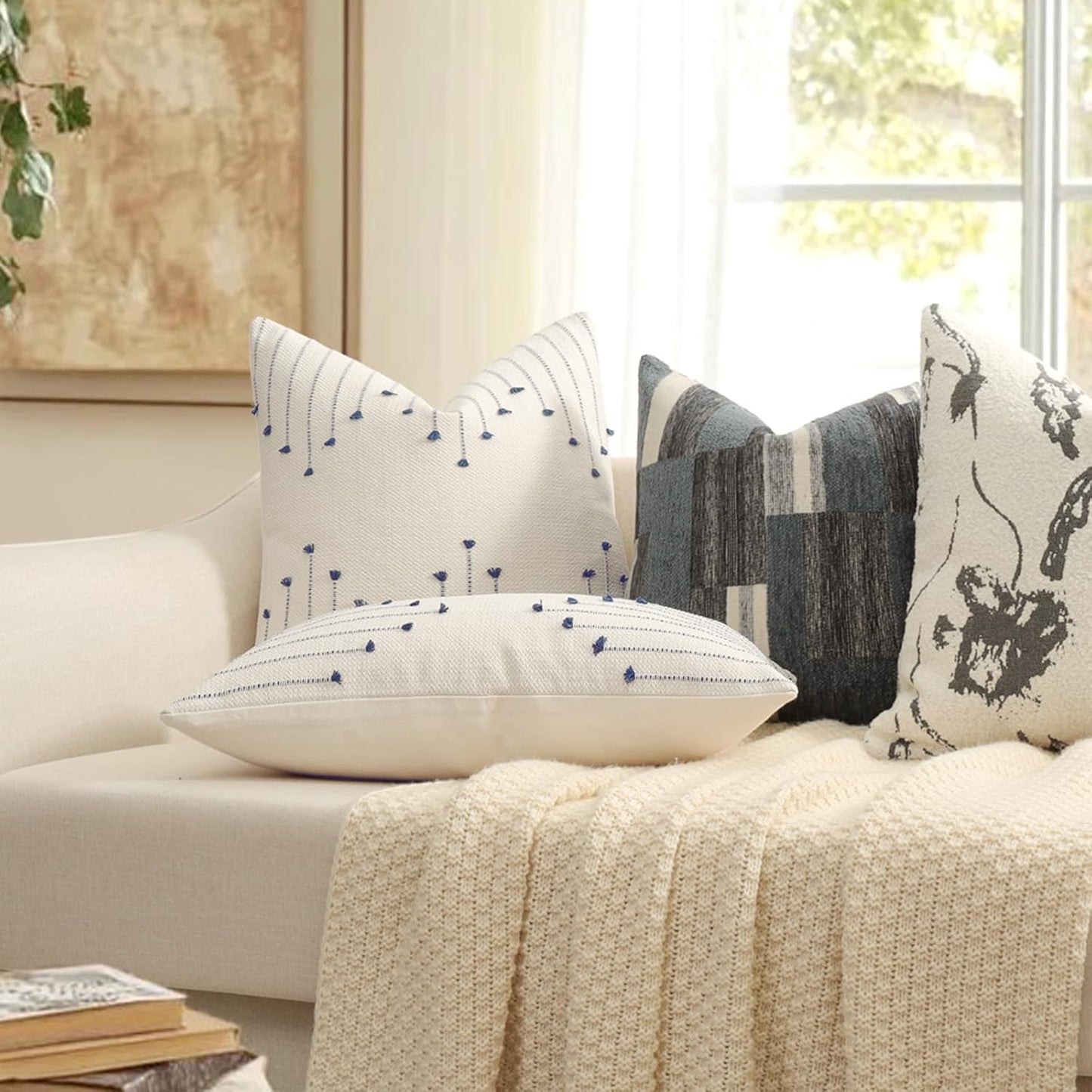 Boho Throw Pillow Covers 18x18 Set of 2 Neutral Woven Decorative Pillowcases Cotton Tufted Couch Pillows Modern Farmhouse Accent Cushion Covers for Sofa Couch Bed Living Room Home Decor, Navy Blue