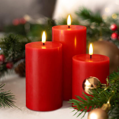 Eywamage Red Flameless Pillar Candles with Remote, Flickering Battery Operated LED Wax Candles Set of 3