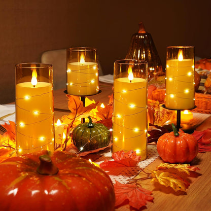 Homemory Flameless Candles with Embedded Star String Fairy Lights, Battery Operated Candles, LED Candle, Fake Candles with Remote Control and Timer, Gold, Set of 2(H 6" 6")