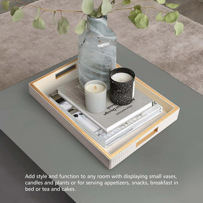 SANZIE Leather Tray Desktop Storage Organizer Premium Serving Tray Decorative Tray Valet Tray for Sundries Cosmetics Phone Wallet Cutlery (White Platter)