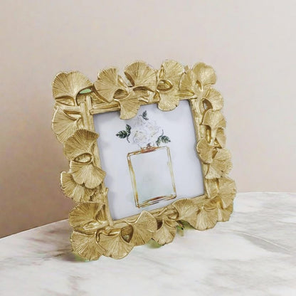 1pcs 4x4 Inch Vintage Photo Frame Resin Picture Frame Ginkgo Leaves Decoration Photo Frame Stand Holder (Gloden)