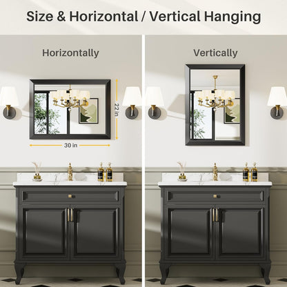 22x30 Inch Black Bathroom Mirror for Wall, Thick Metal Framed Rectangle Mirrors for Over Sink, Bedroom, Living Room, Entryway, Anti-Rust, HD Tempered Glass