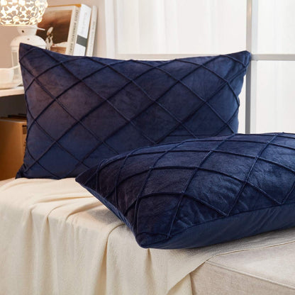 JAUXIO Diamond Pinch Pleated Crystal Velvet Pillowcases 2 Pack Solid Pintuck Throw Cushion Cover for Home Decor Hidden Zipper Closure (Navy, King)