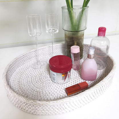 i-lan 17 inch White Washed Rattan Oval Countertop Severing Tray Without Handles-Natural Wicker White Kitchen Table Decorative Serving Tray for Drinks,Coffe,17"x13"x2.4"