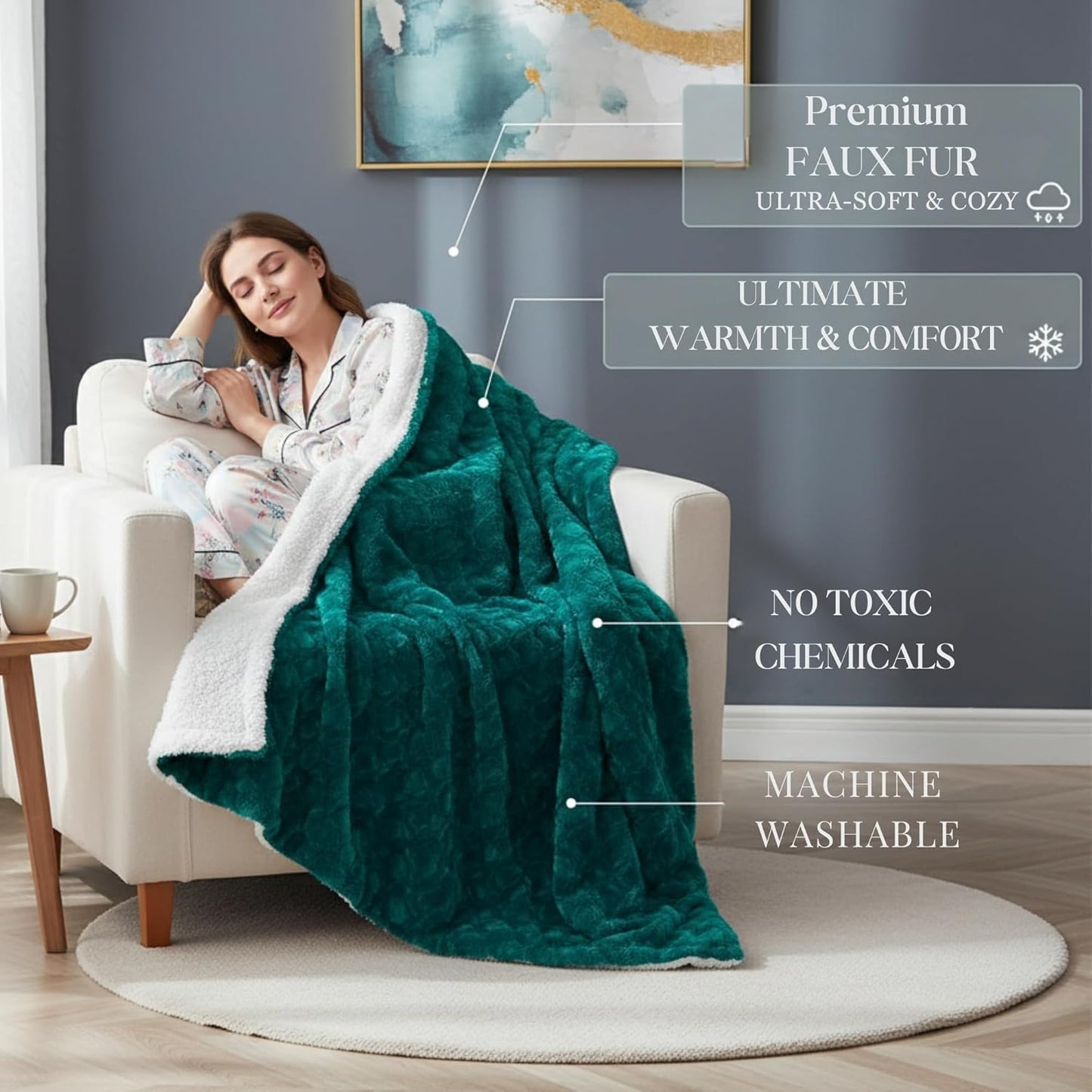 DaDa Bedding Lavish Emerald Green Blue Faux Fur Throw Blanket - Mermaid Scales Design White Sherpa Backside - Soft Warm Plush Textured Bright Vibrant Jewel Tones Embossed for Bed/Couch - 90" x 90"