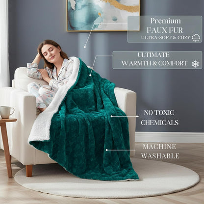 DaDa Bedding Lavish Emerald Green Blue Faux Fur Throw Blanket - Mermaid Scales Design White Sherpa Backside - Soft Warm Plush Textured Bright Vibrant Jewel Tones Embossed for Bed/Couch - 90" x 90"