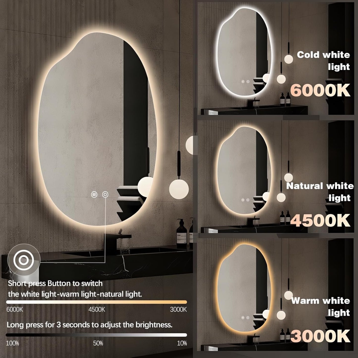 42"x28" Asymmetrical Led Mirror for Bathroom, Irregular Backlit Vanity Mirror with Lights, Frameless Smart Mirror, 3 Colors Stepless Dimmable, Anti-Fog, Memory, CRI95+, Horizontal/Vertical