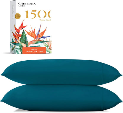 Carressa Linen 100% Egyptian Cotton Pillow Cases King Size Set of 2 - Luxury 1500 Thread Count Sateen Teal Pillow Covers, Soft & Breathable 5 Star Hotel-Quality Pillowcases, Fits King Pillows