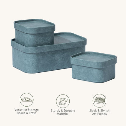 La Jolie Maison Vegan Leather Storage Boxes with Lids, Set of 3 Decorative Storage Containers Organize Stackable Storage Box, Dusty Blue