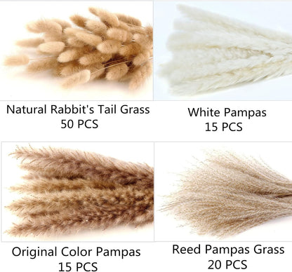 Dried Pampas Grass Decor, 100 Stems Pampas Grass Contains Bunny Tails Dried Flowers, Reed Grass Bouquet for Wedding Boho Flowers Home Table Decor, Rustic Farmhouse Party (17", White and Brown)