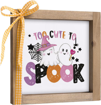 Too Cute To Spook Sign, 6 Inch Wooden Halloween Funny Cute Pink Ghost Decorative Signage Office Decor, Indoor Table Wall Art Shelf Desk Tiered Tray Rustic Farmhouse Home Decorations