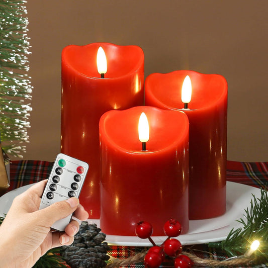 Flameless Candles with Remote, Battery Operated Christmas Candles with Timer Real Wax LED Flickering Fake Electric Candles for Christmas Party Home Decor, Set of 3 (Red)