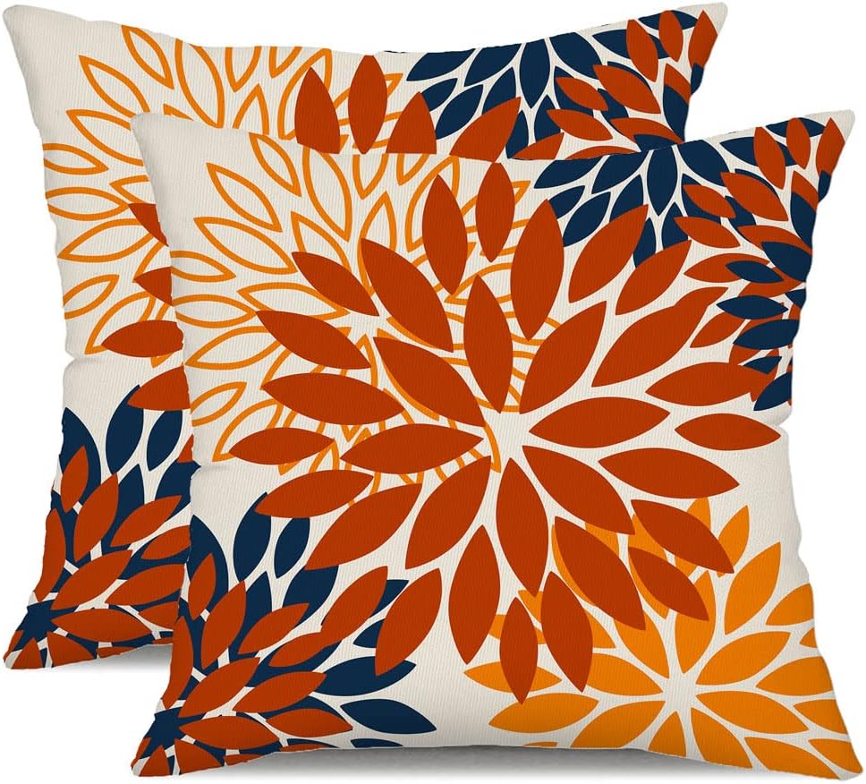 DFXSZ Orange Blue Flower Pillow Covers 18x18 Inch Set of 2 Fall Throw Pillows Outdoor Waterproof Decor for Living Room Sofa Patio Funiture Garden Floral Polyester Pillow Covers 012C18