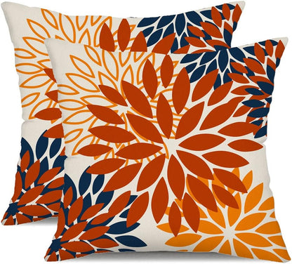 DFXSZ Orange Blue Flower Pillow Covers 18x18 Inch Set of 2 Fall Throw Pillows Outdoor Waterproof Decor for Living Room Sofa Patio Funiture Garden Floral Polyester Pillow Covers 012C18