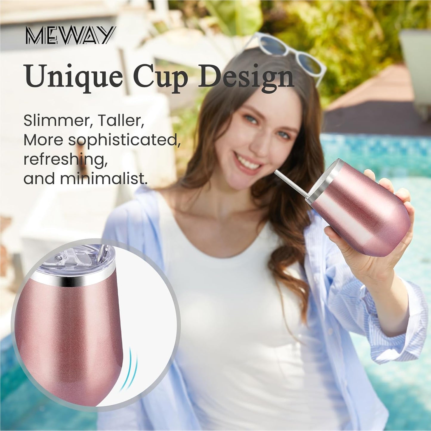 MEWAY Stainless Steel Wine Tumbler with Lid and Straw 12oz - Stemless Insulated Wine Cup Glasses for Coffee,Cocktails,Drinks,Champagne, and Office Use, Ideal for Parties and Gifts(Rose Gold. Set of 4)