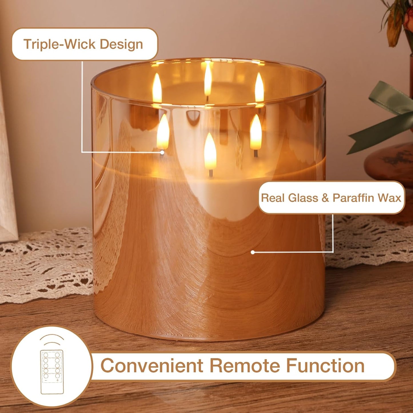 Eywamage 3 Wick Gold Glass Flameless Candle with Remote, Large Flickering LED Battery Pillar Candle Φ 6" H 6"