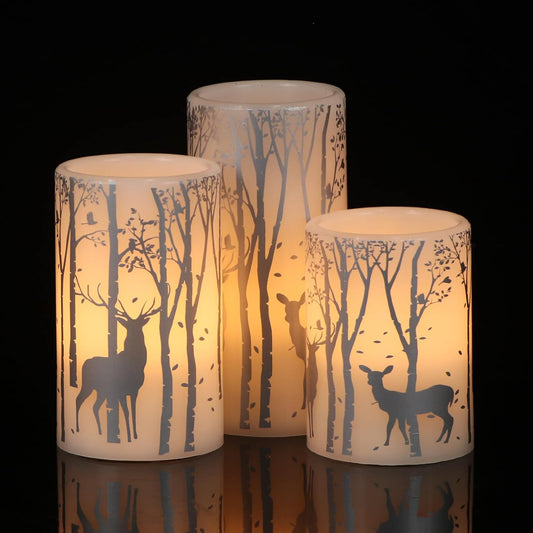 DRomance Silver Deer Flameless Flickering Candles Battery Operated with 6H Timer, 3 Pack Real Wax Warm Light LED Pillar Candles Dinner Tabletop Holiday Centerpiece Decor 3" x 6"