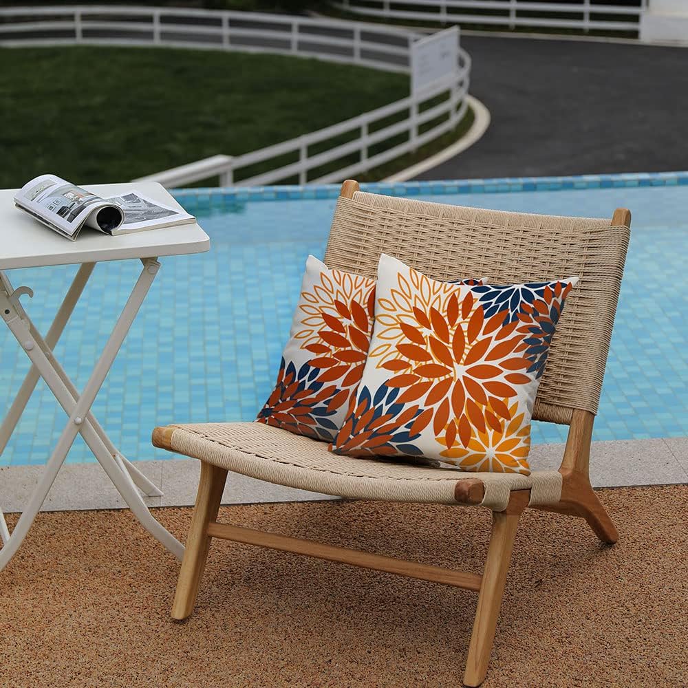 DFXSZ Orange Blue Flower Pillow Covers 18x18 Inch Set of 2 Fall Throw Pillows Outdoor Waterproof Decor for Living Room Sofa Patio Funiture Garden Floral Polyester Pillow Covers 012C18