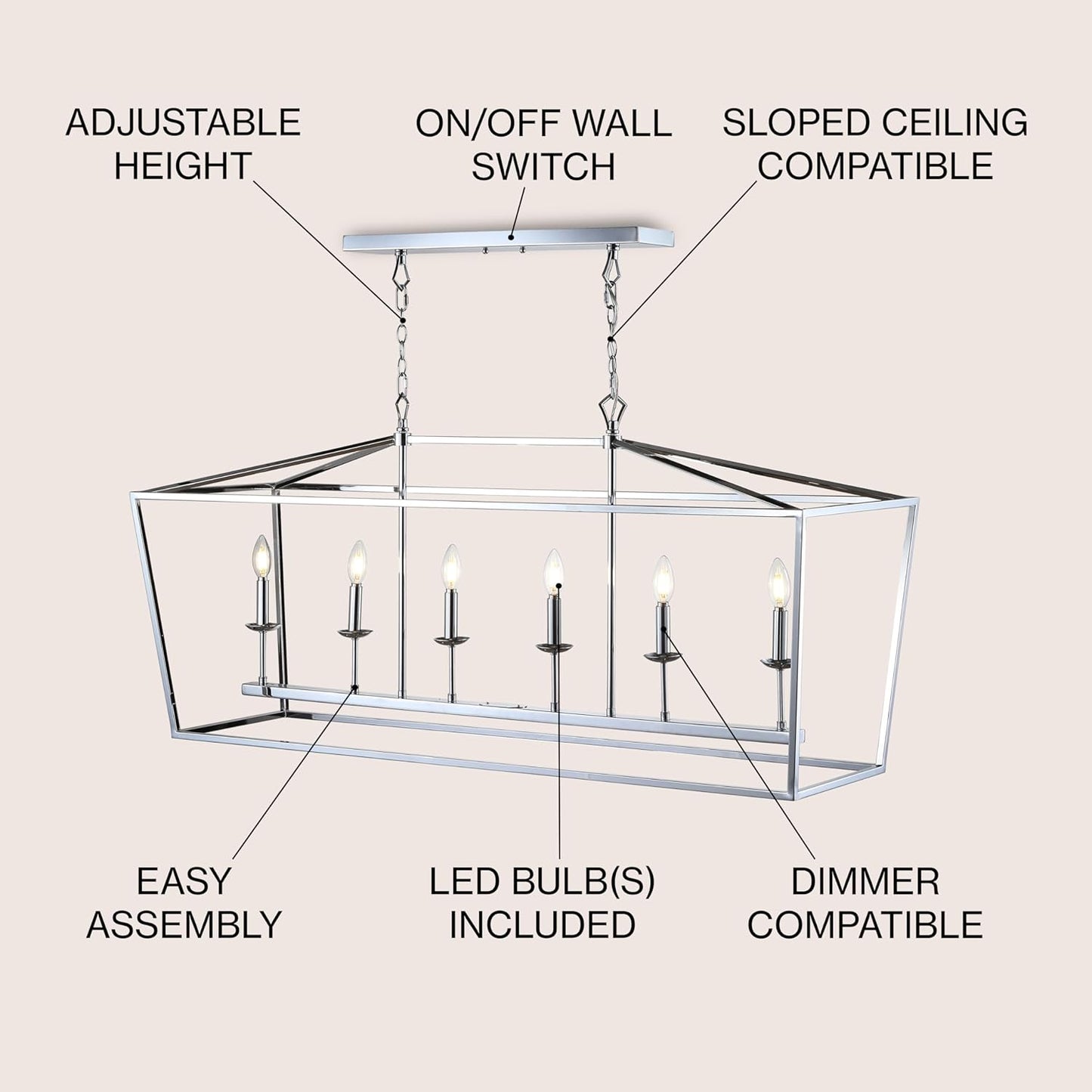 JONATHAN Y JYL7439C Pagoda Lantern Dimmable Adjustable Metal LED Pendant Classic Traditional Farmhouse Dining Room Living Room Kitchen Foyer Bedroom Hallway, 49 in, Chrome