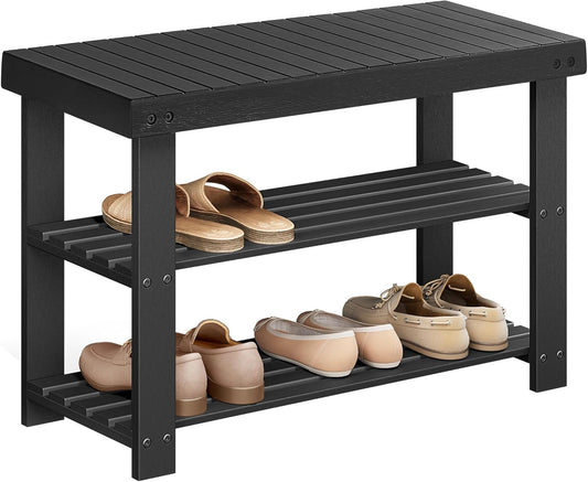 SONGMICS Shoe Rack Bench, 3-Tier Bamboo Shoe Storage Organizer, Entryway Bench, Holds Up to 286 lb, 11.3 x 27.6 x 17.8 Inches, for Entryway Bathroom Bedroom, Ink Black ULBS04H