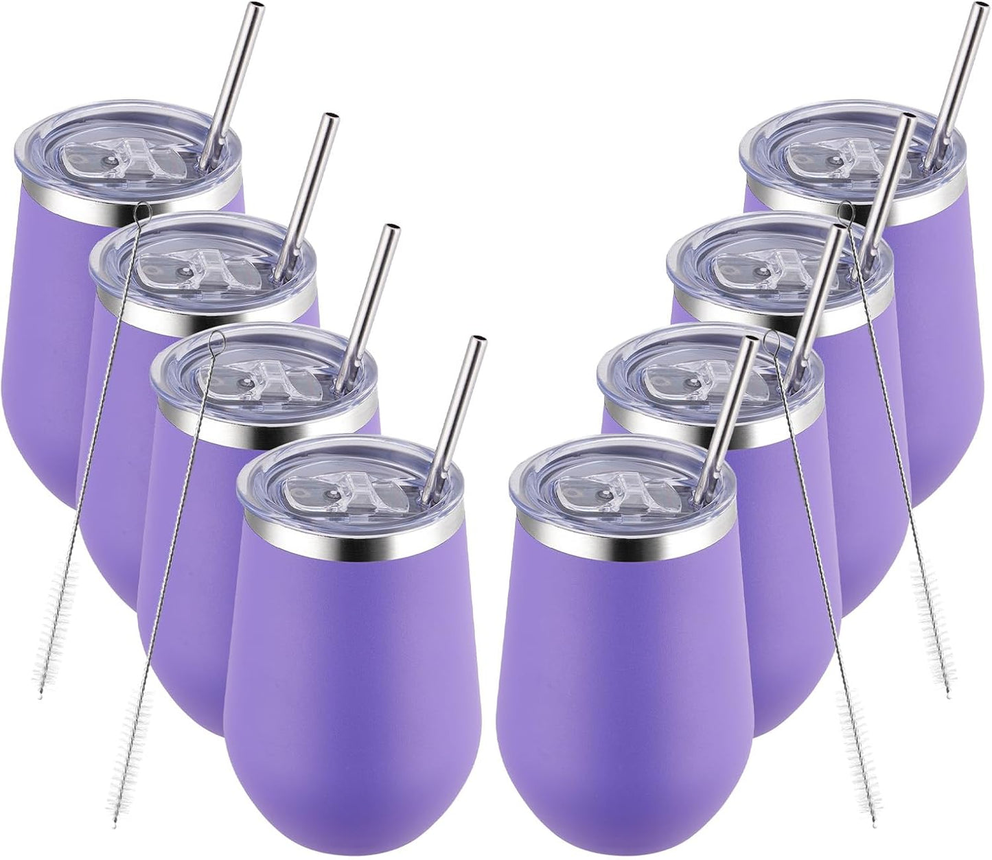 MEWAY 12oz Stainless Steel Wine Tumbler with Lid - Double Wall Vacuum Insulated Swig cups for Hot and Cold Drinks, Ideal for Coffee, Wine, Beer, gifts for Women under 10 dollars(Purple,Set of 8)