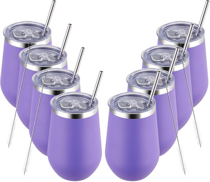 MEWAY 12oz Stainless Steel Wine Tumbler with Lid - Double Wall Vacuum Insulated Swig cups for Hot and Cold Drinks, Ideal for Coffee, Wine, Beer, gifts for Women under 10 dollars(Purple,Set of 8)