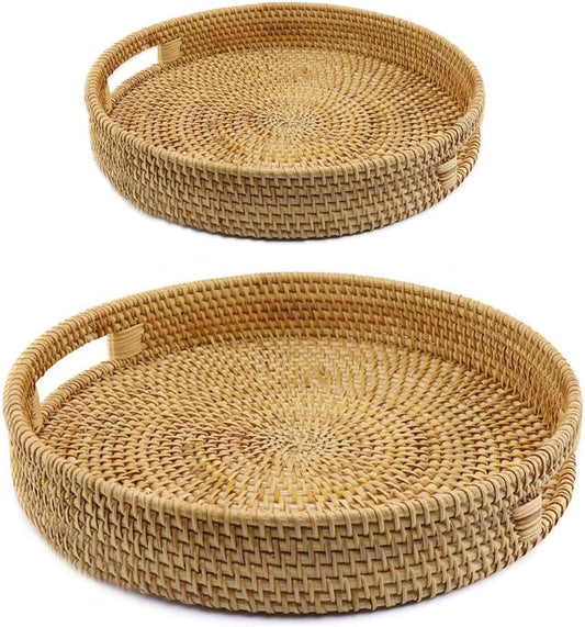 Handwoven Rattan Round Serving Tray, Natural Wicker Decorative Tray for Serving, Coffee Table, Home Décor and Entertaining, Gift Idea Choice,Set of 2