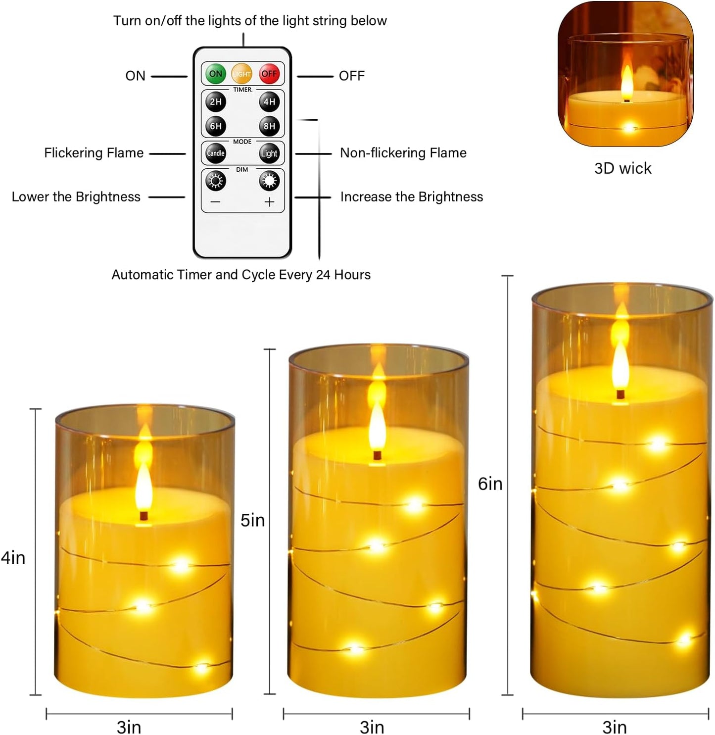 Flameless LED Candles with Timer 3 Pc Flickering Flameless Candles for Romantic Ambiance and Home Decoration Stable Acrylic Shell,with Embedded Star String，Battery Operated Candles（Gold）