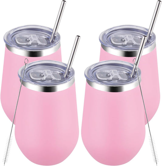 MEWAY 12oz Insulated Wine Tumbler with Lid and Straw - Double Wall Vacuum Stainless Steel Wine glass, Ideal for Travel and Office, Baby shower prizes for winners(Pink,Set of 4)