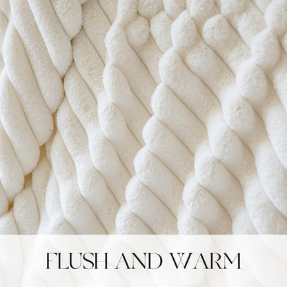 MOSAYT Super Soft Faux Rabbit Fur Blanket, Elegant Ruched Design, White, 60x80 Inch - Perfect for Couch, Sofa, or Bed