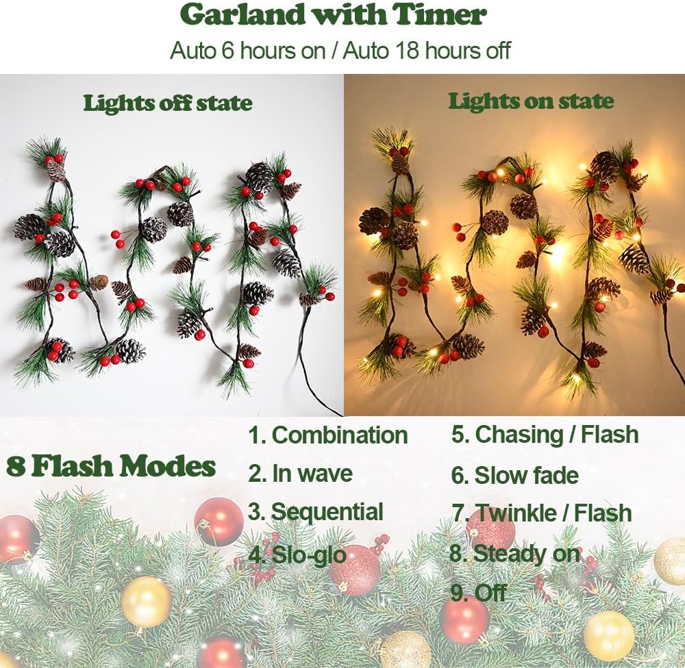 Christmas Garland Lights 2 Pack Holiday Prelit Garlands 13FT 40LED Pine Cone Garland Light with Red Berry Upgraded Battery Operated Garland with Lights Xmas Decor Lights for Outdoor Indoor Christmas