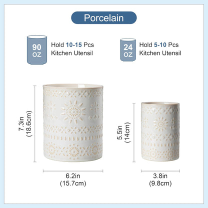 LOVECASA Utensil Holder, 7.2"+5.4" Ceramic Utensil Holder for Countertop, Large Cooking Utensil Crocks for Kitchen Counter, Farmhouse Utensil Vase for Housewarming, Kitchen Decor, Set of 2, Oasis