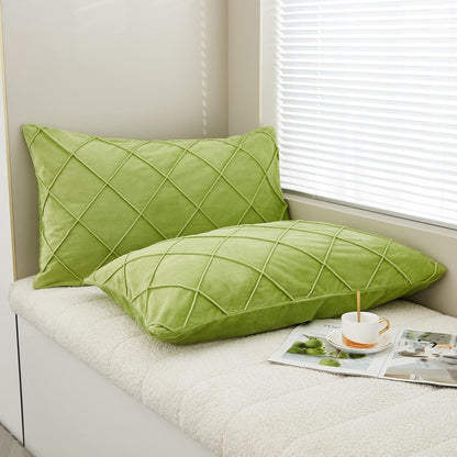 JAUXIO Diamond Pinch Pleated Crystal Velvet Pillowcases 2 Pack Solid Pintuck Throw Cushion Cover for Home Decor Hidden Zipper Closure (Apple Green, Standard)