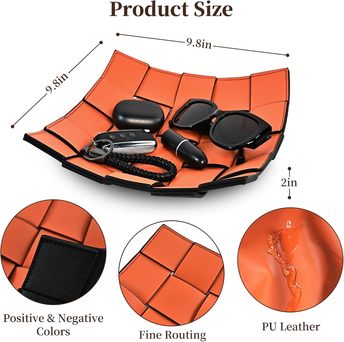 Valet Tray PU Leather Key Holder Bowl for Women and Men Entryway Table Nightstand Desk Tray for Wallet, Keys Men's Gift - Orange & Black, 9.8" L x 9.8" W x 2" H